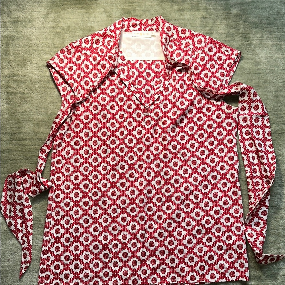 Red and White Patterned Blouse